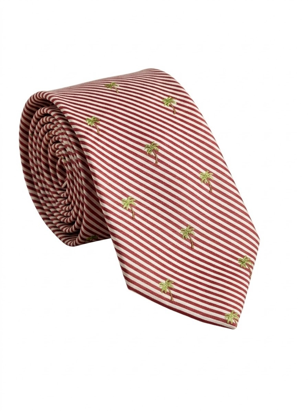 Rooster Silk Tie Pink White Stripe Palm Tree 58.5 x 3.75” Vintage